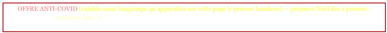 OFFRE ANTI-COVID (valable aussi longtemps qu’apparaîtra sur cette page le présent bandeau) — préparez Noël dès à présent :
suivez ce lien : ➢ au choix : 2 coffrets des deux tomes du livre pour le prix d’1 (France uniquement),
 ou le coffret+la version pdf du livre+la vidéo musicale (tous pays).